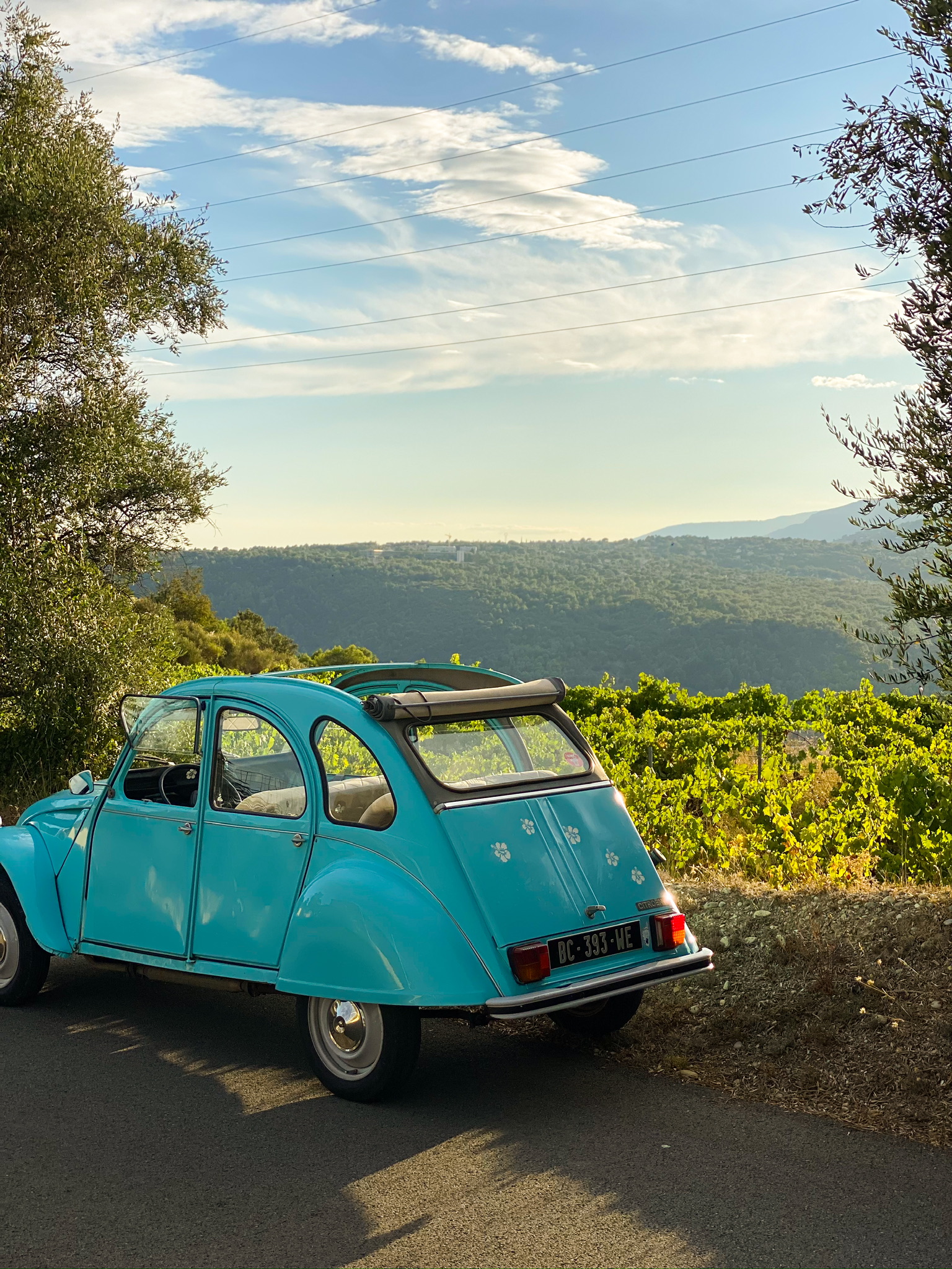 Back of 2CV car with wineries of Nice behind
